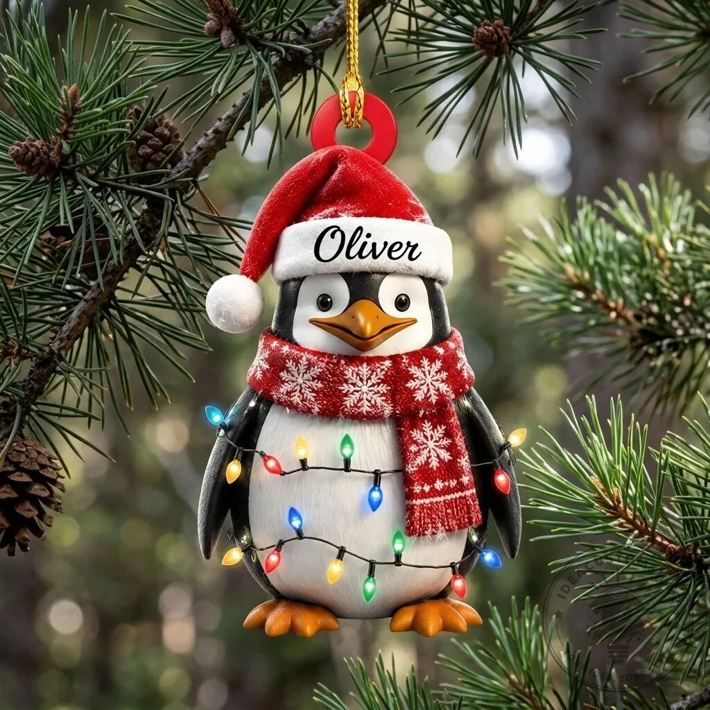 Personalized Penguin Christmas Tree Ornament with Name and Lights
