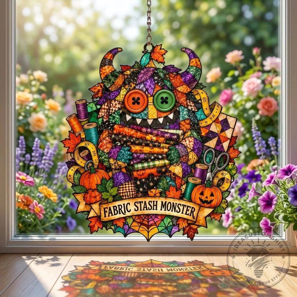 Fabric Stash Monster Patchwork Halloween Acrylic Window Suncatcher