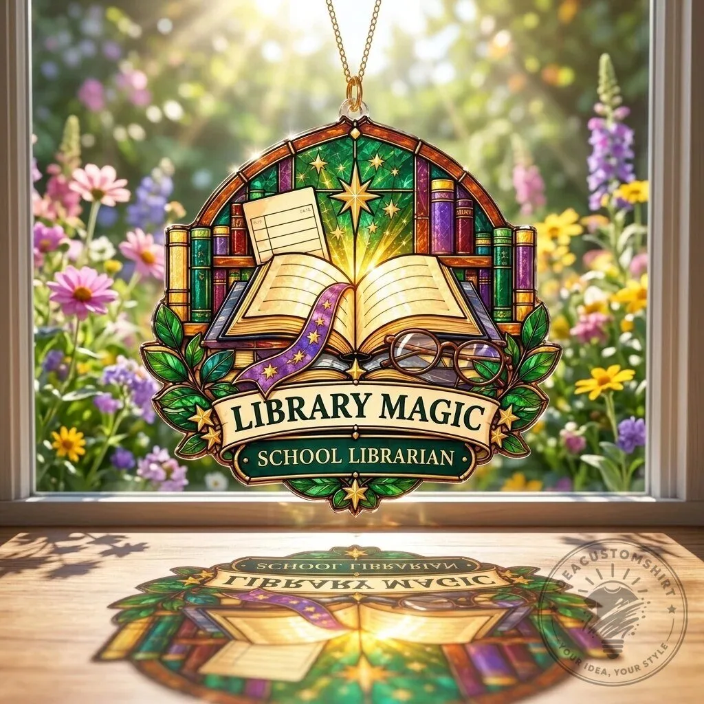 Library Magic School Librarian Stained Glass Style Suncatcher Gift