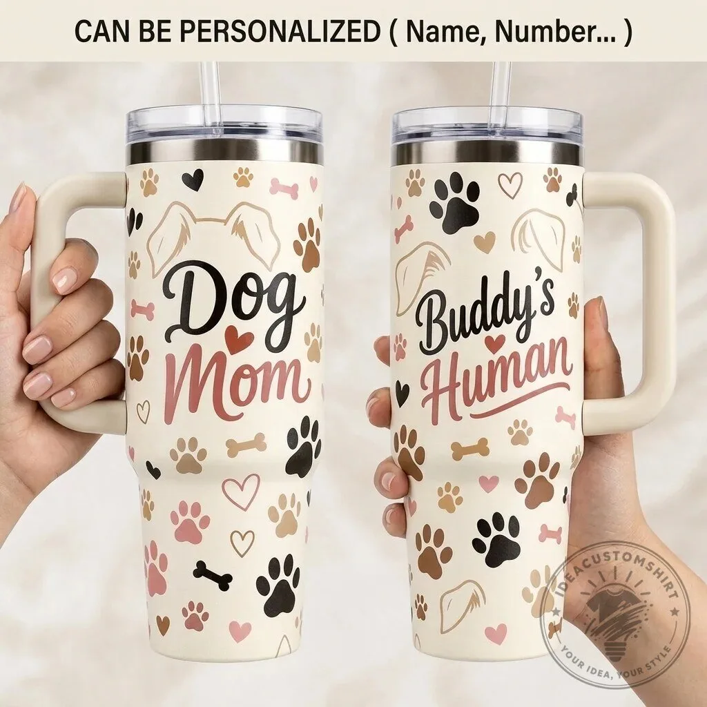 Personalized Dog Mom Buddy's Human Paw Print 40oz Tumbler with Handle and Straw