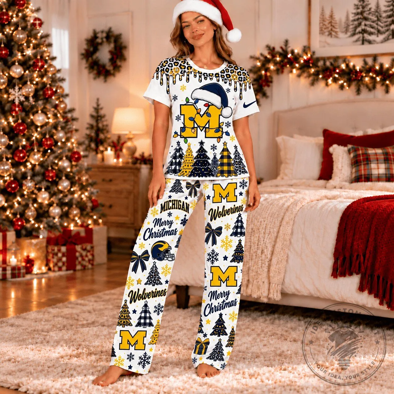 Michigan Wolverines Christmas Leopard Print Pajamas Set