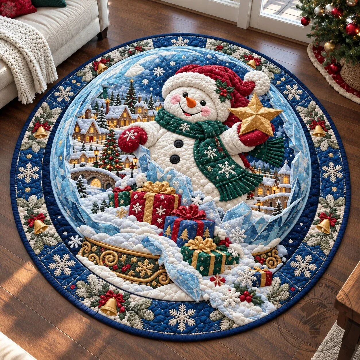 Christmas Snowman Winter Wonderland Quilted Round Floor Mat Rug