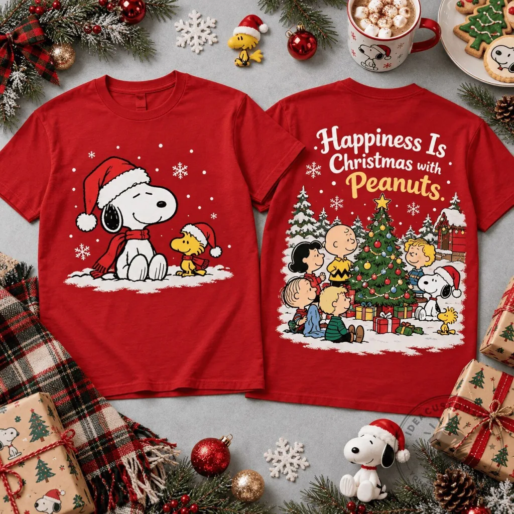 Peanuts Snoopy and Woodstock Christmas Tree Holiday T-Shirt Peanuts Snoopy and Woodstock Christmas Tree Holiday T-Shirt