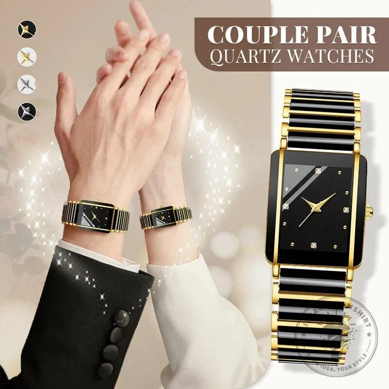 Elegant Black Ceramic Square Quartz Watch for Couples, Men and Women