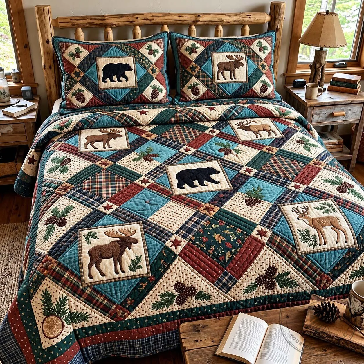 Rustic Cabin Lodge Bear Moose Deer Patchwork Quilted Bedding Set