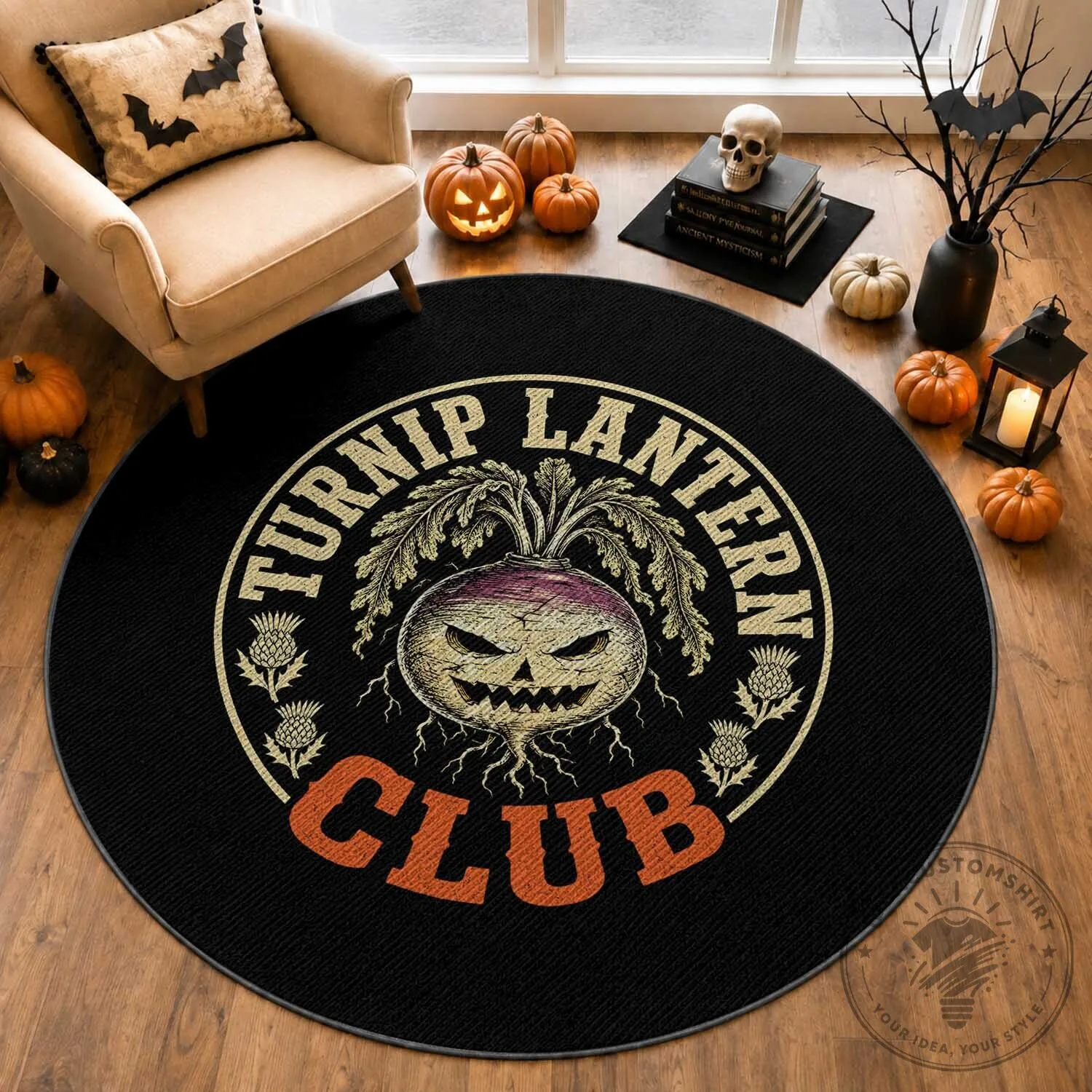 Turnip Lantern Club Vintage Halloween Spooky Graphic Round Floor Rug