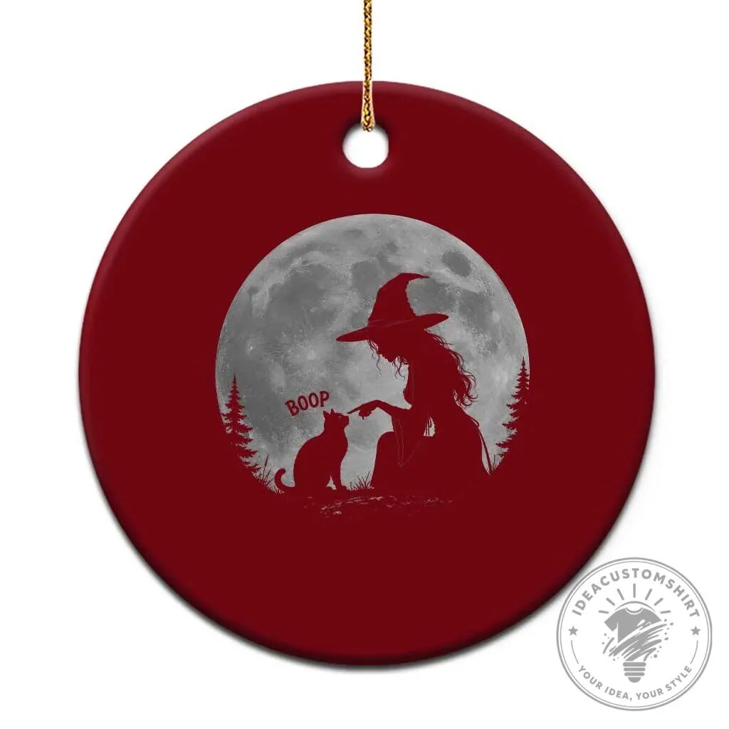 Witch Booping Black Cat Under Full Moon Halloween Ceramic Ornament